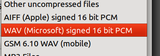 menu of file export types

Please use WAV (Microsoft) signed 16-bit PCM

Please DO NOT use GSM...WAV